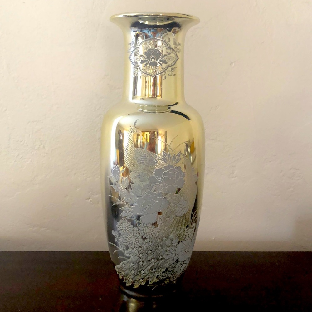 Vintage Etched Floral Peacock Gold  Tall Vase